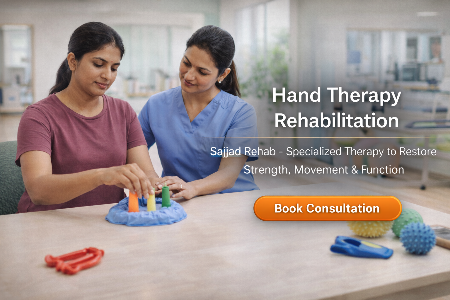 Hand therapy rehabilitation showing a female patient performing fine motor exercises with a physiotherapist at Sajjad Rehab rehabilitation centre in India