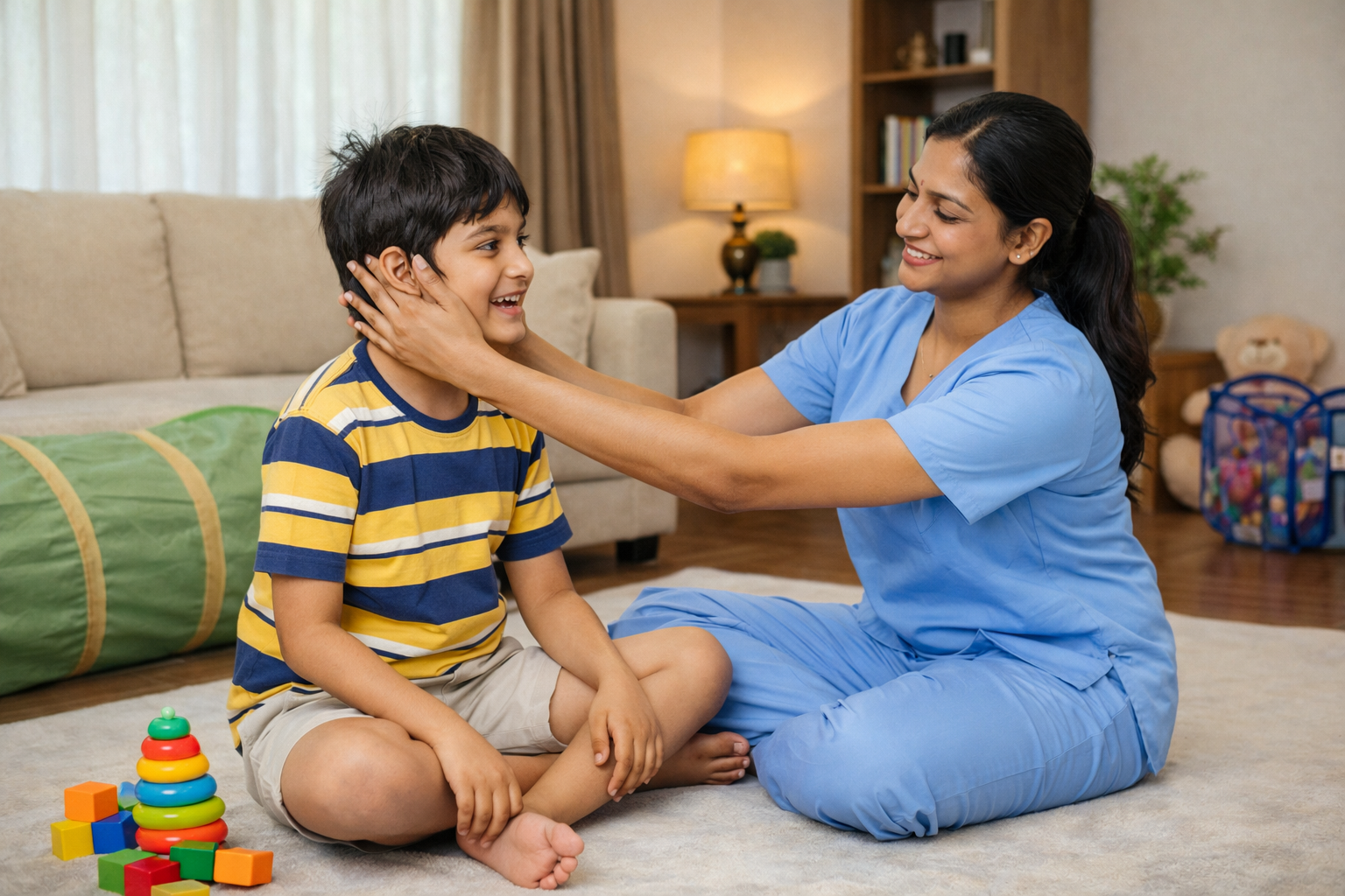 Autism care and child therapy support at home in Patna with a therapist engaging a young child in sensory, behavioural, and communication-based interaction during a homecare session by Sajjad Rehab.