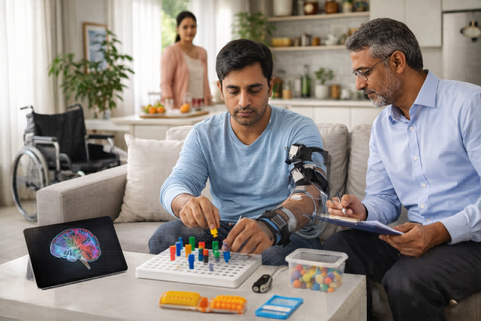 Neuro rehabilitation treatment at home by a doctor for a patient needing stroke recovery support, neurological care, guided movement therapy, and structured home-based rehabilitation under professional supervision.