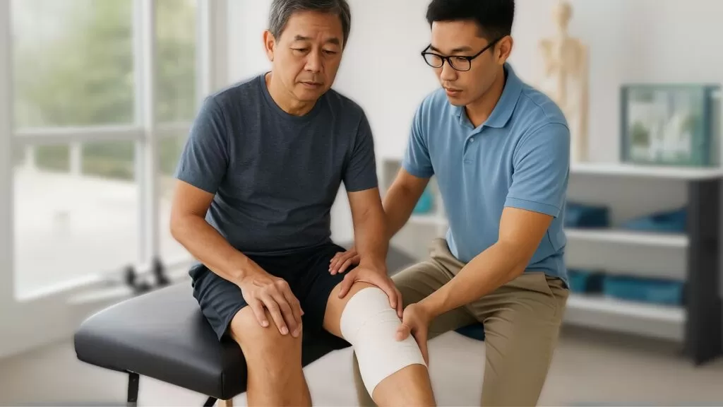 A professional physical therapist examining a senior patient's bandaged knee during a post-surgery recovery session.