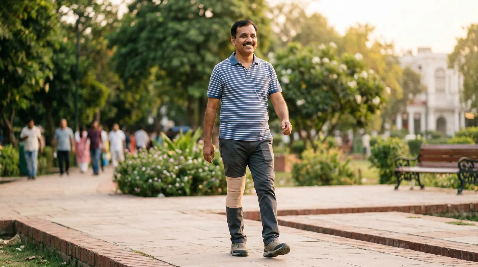 Indian adult ACL recovery walking outdoors (compressed image)