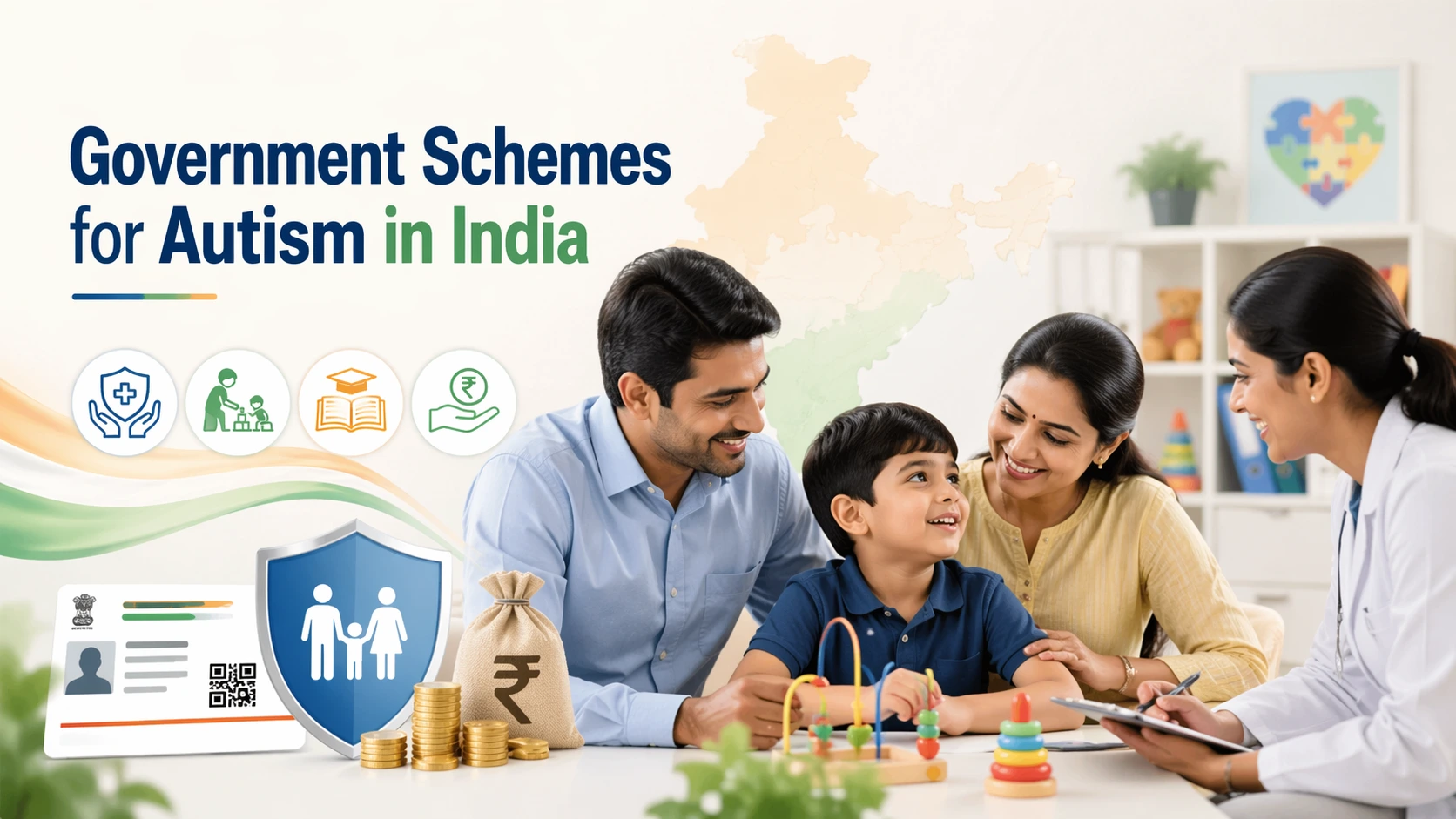 Government schemes for autism in India showing child therapy support, health insurance, education benefits, financial aid, and family care services
