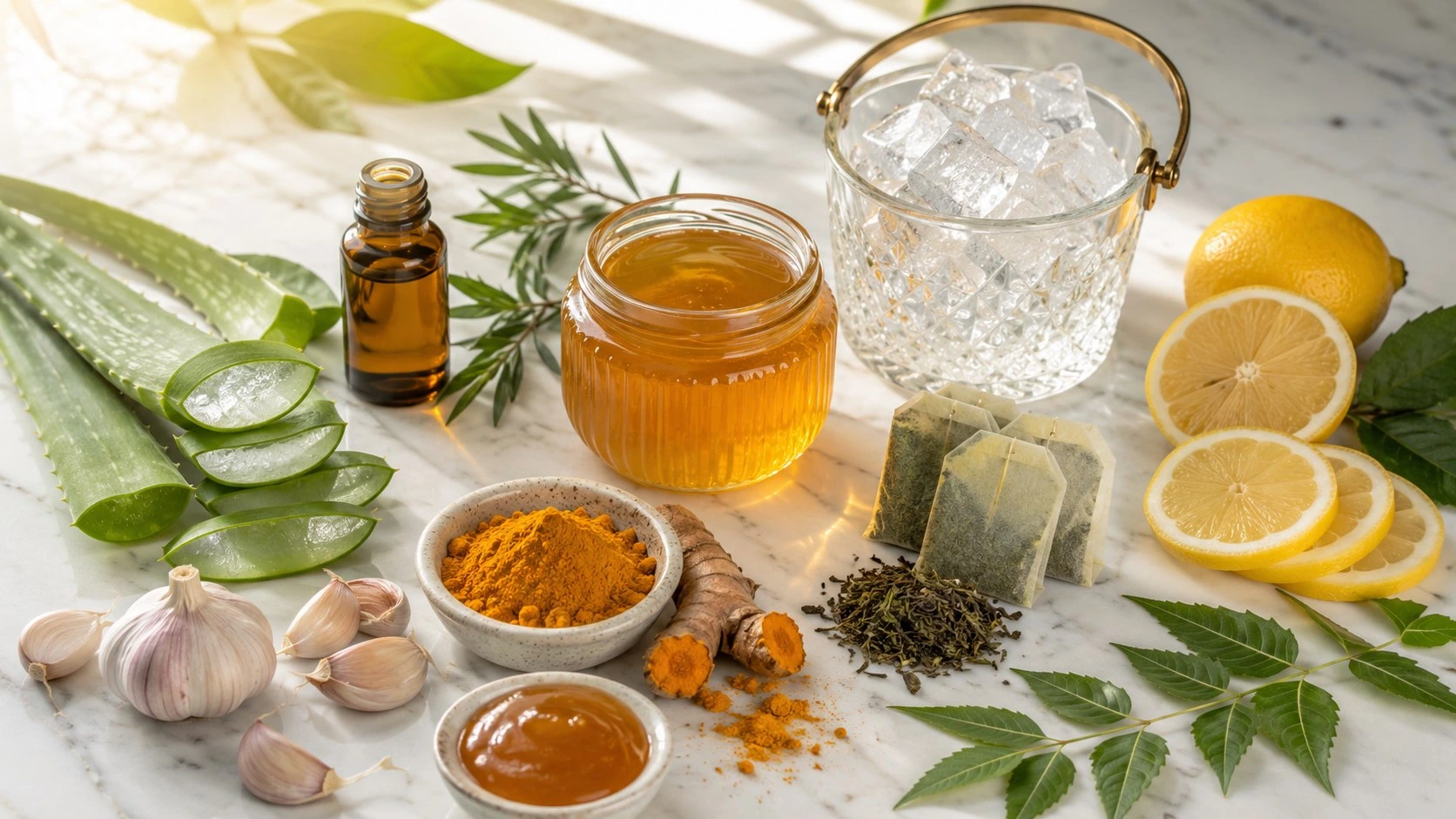 Top 10 home remedies for pimples - natural ingredients flat lay