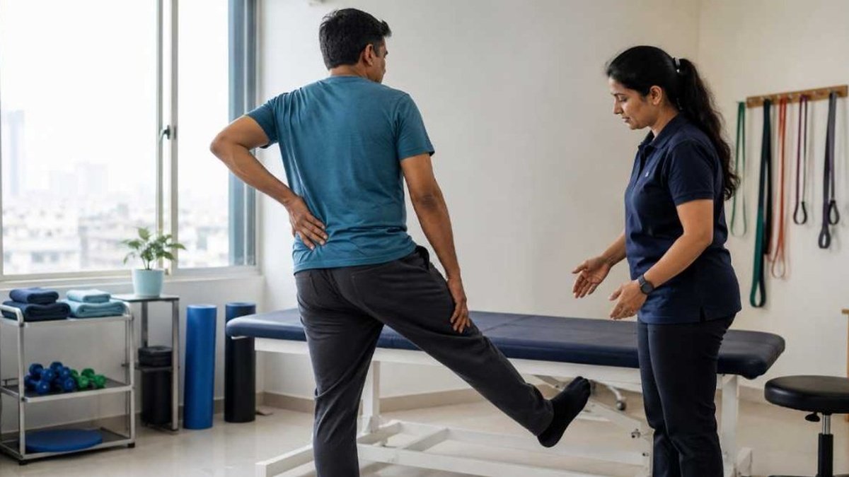 Sciatica treatment in Patna with a physiotherapist guiding an adult through a safe rehabilitation movement for radiating leg pain.