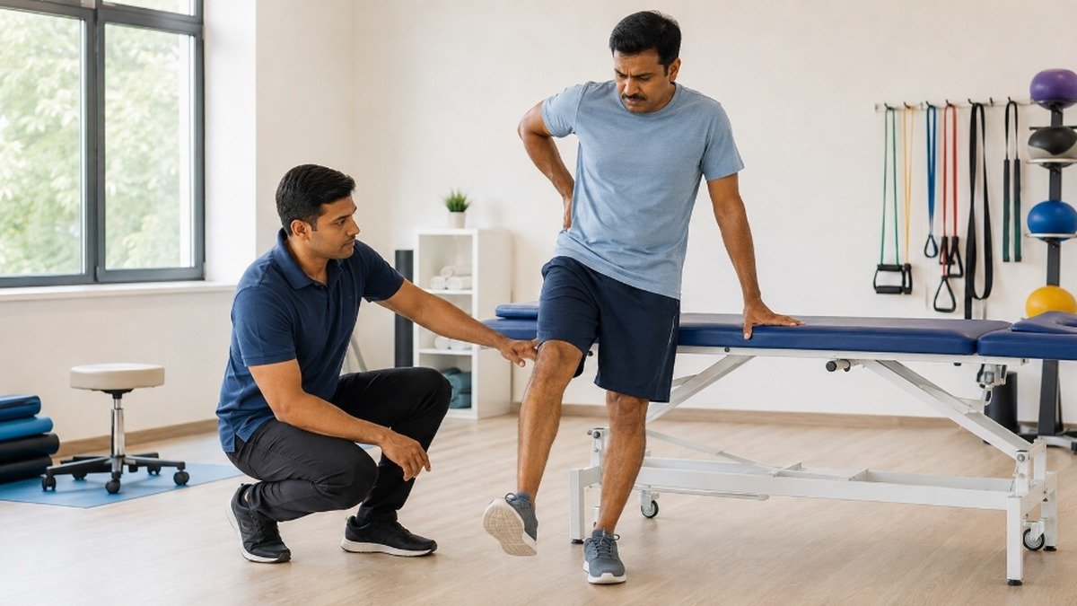 Physiotherapist helping a patient with sciatica perform a guided stretch during a non-surgical physiotherapy session