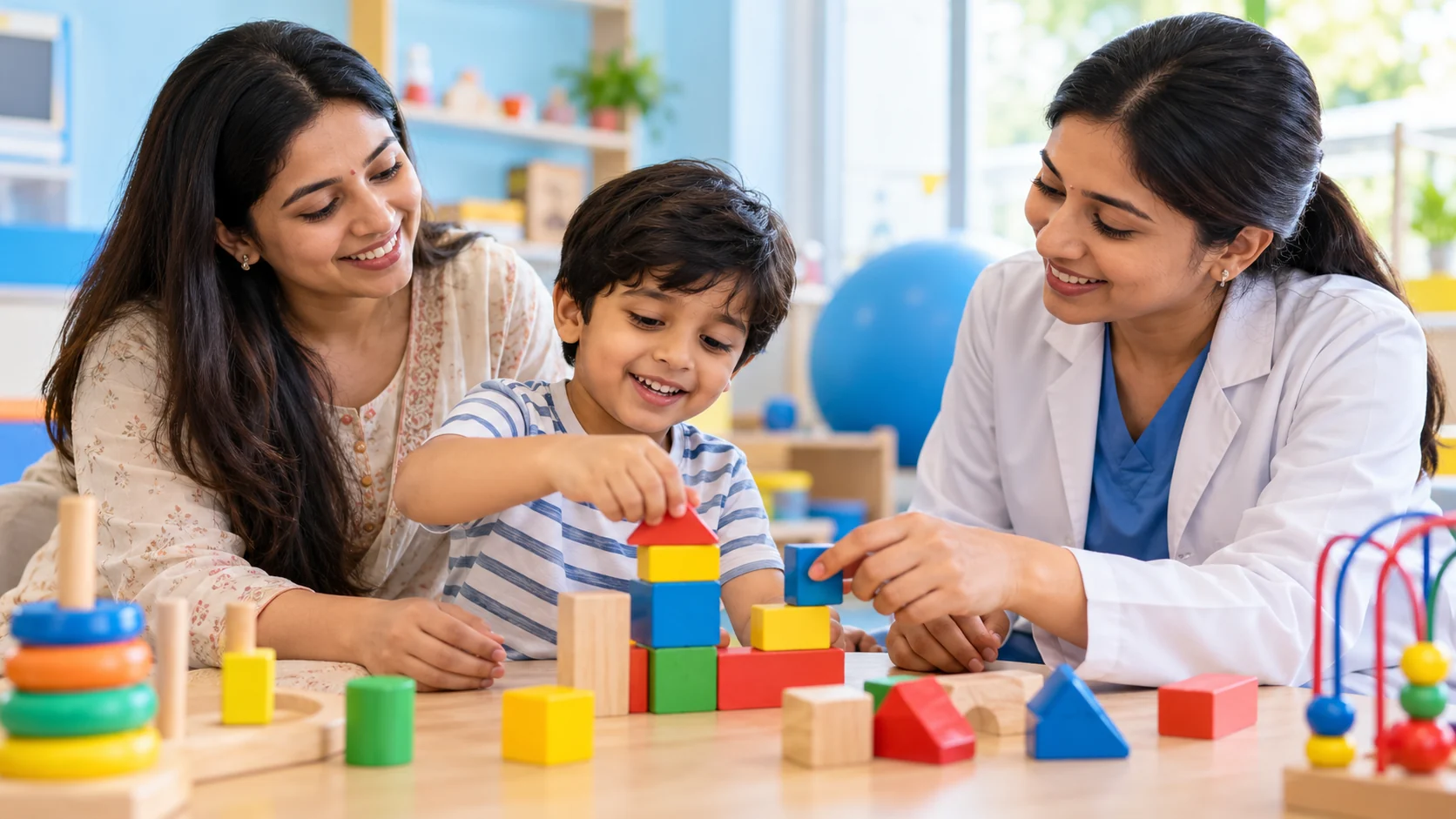 Child participating in autism developmental therapy with a pediatric therapist and parent.