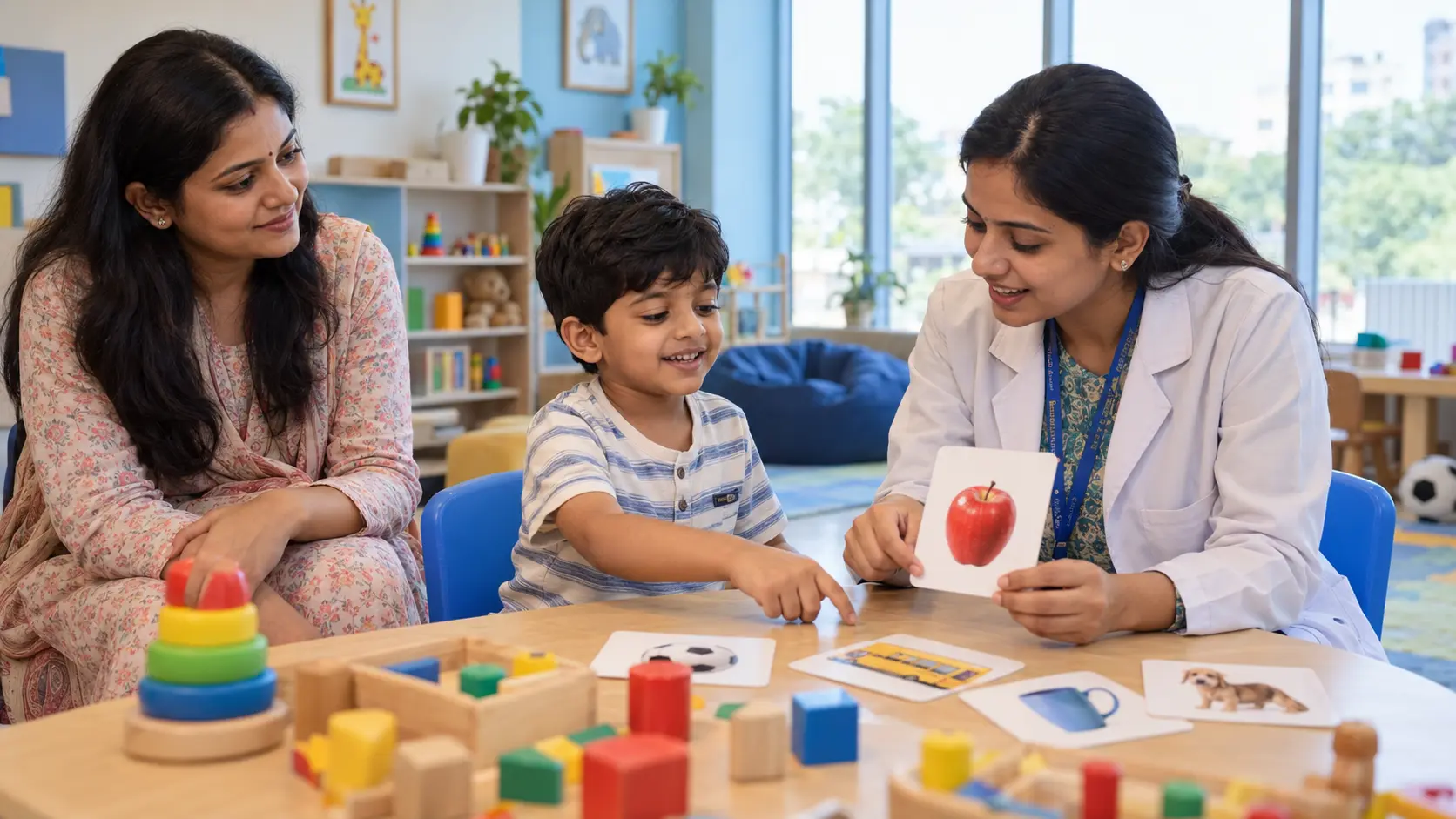 Indian child participating in play-based autism developmental therapy with a pediatric therapist at Sajjad Rehabilitation & Therapy Centre in Patna.