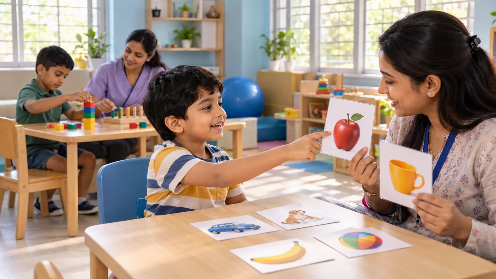 Indian children participating in speech and occupational therapy sessions with pediatric therapists at a modern rehabilitation centre in Patna.